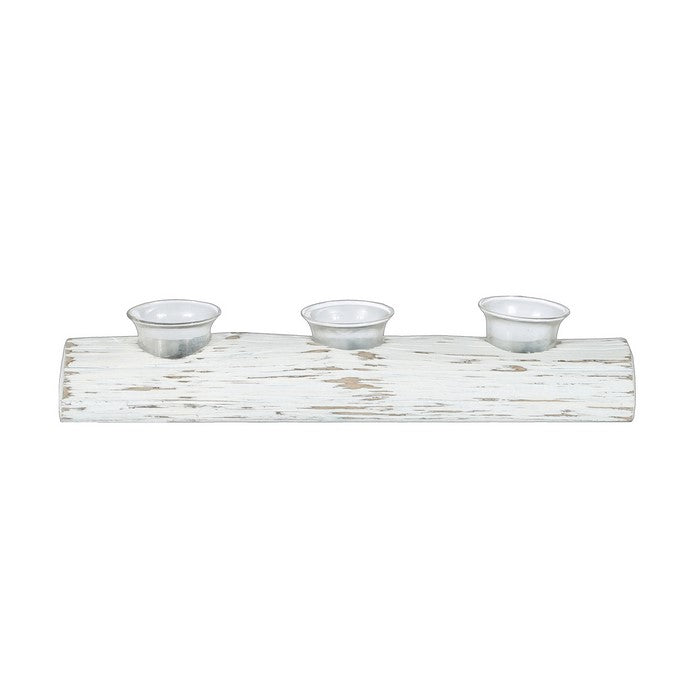 Wooden Branch Candle Holder with 3 Glass Hurricanes, White