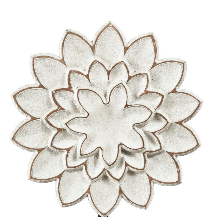 Wood and Metal Flower Decor with Sunflower Design, White and Black, Set of 2