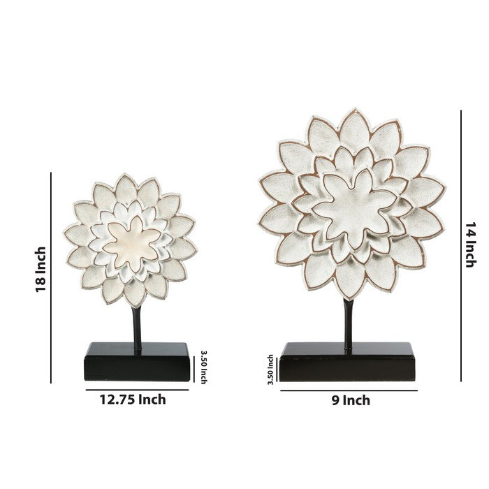 Wood and Metal Flower Decor with Sunflower Design, White and Black, Set of 2