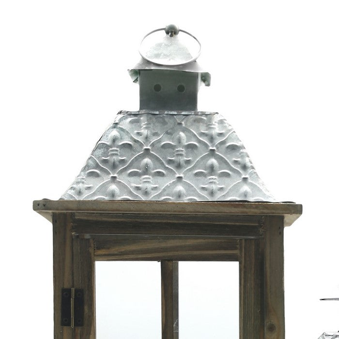 Wood and Glass Lanterns with Temple Design Top, Brown and Silver, Set of 2