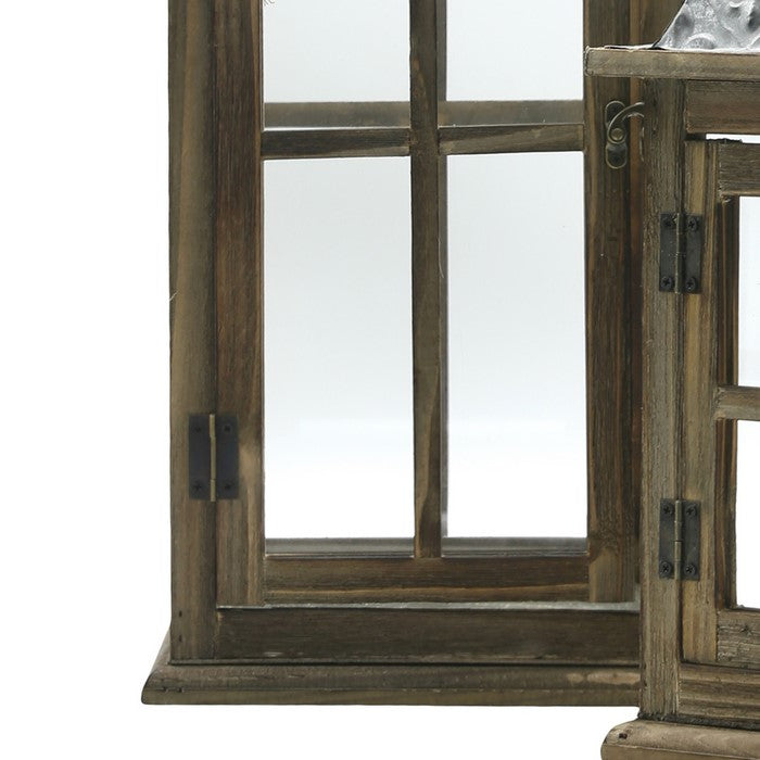Wood and Glass Lanterns with Temple Design Top, Brown and Silver, Set of 2