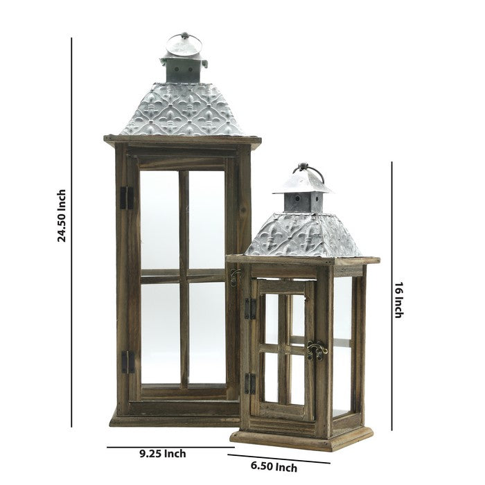 Wood and Glass Lanterns with Temple Design Top, Brown and Silver, Set of 2
