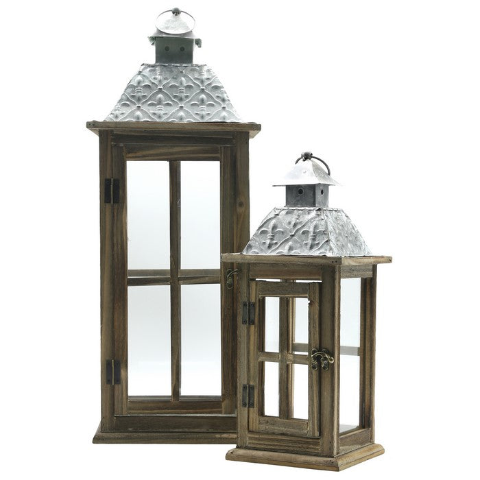 Wood and Glass Lanterns with Temple Design Top, Brown and Silver, Set of 2