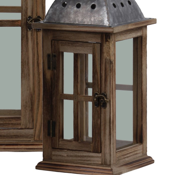 Wood and Metal Lantern with Cross Design, Brown and Gray, Set of 2
