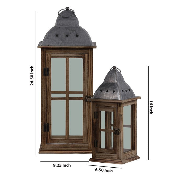 Wood and Metal Lantern with Cross Design, Brown and Gray, Set of 2