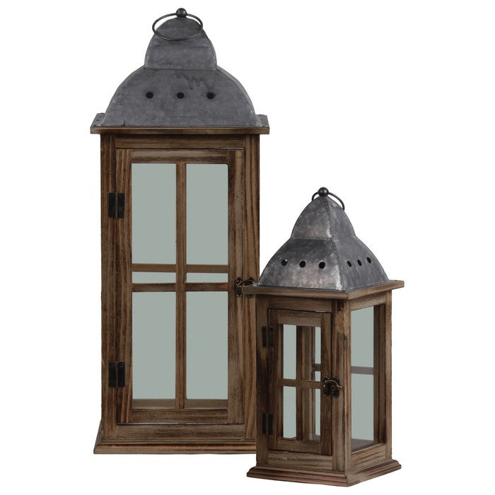 Wood and Metal Lantern with Cross Design, Brown and Gray, Set of 2