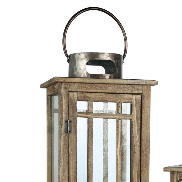 Wood and Glass Lantern with Grid Pattern and Metal Ring, Brown, Set of 2