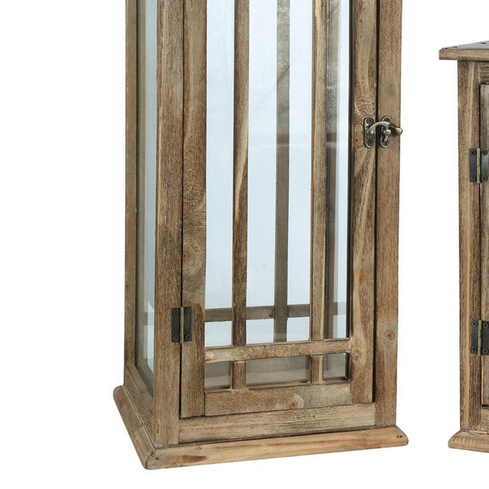 Wood and Glass Lantern with Grid Pattern and Metal Ring, Brown, Set of 2