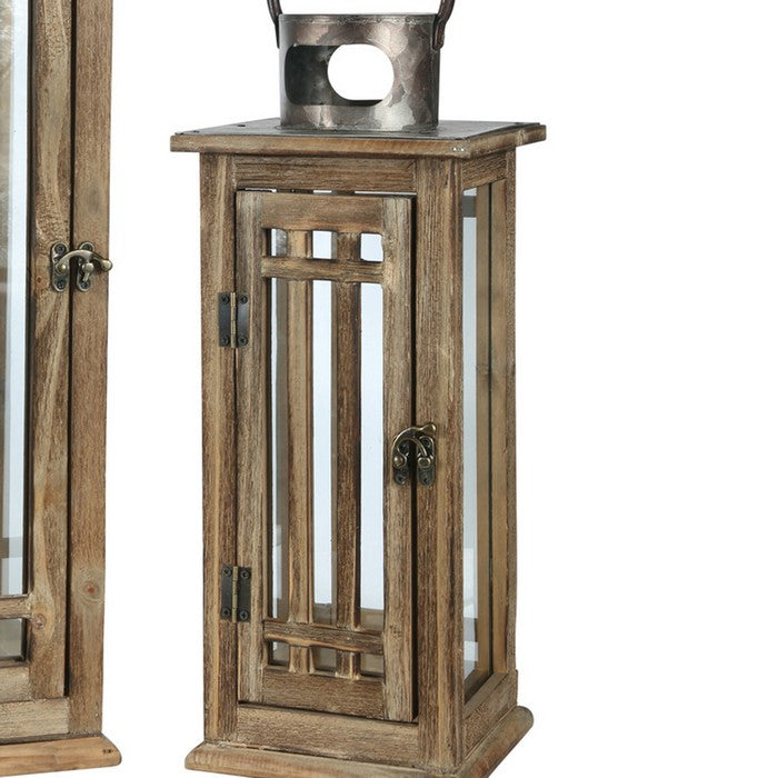 Wood and Glass Lantern with Grid Pattern and Metal Ring, Brown, Set of 2