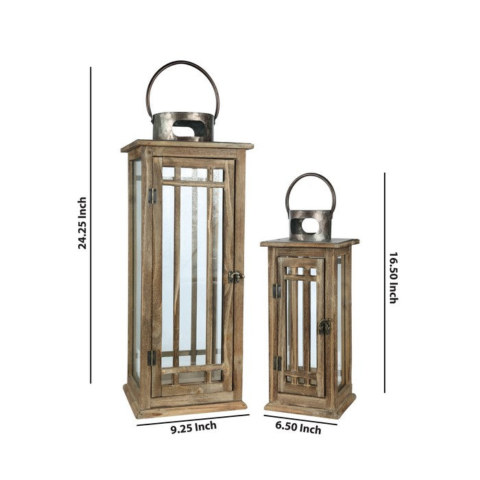 Wood and Glass Lantern with Grid Pattern and Metal Ring, Brown, Set of 2
