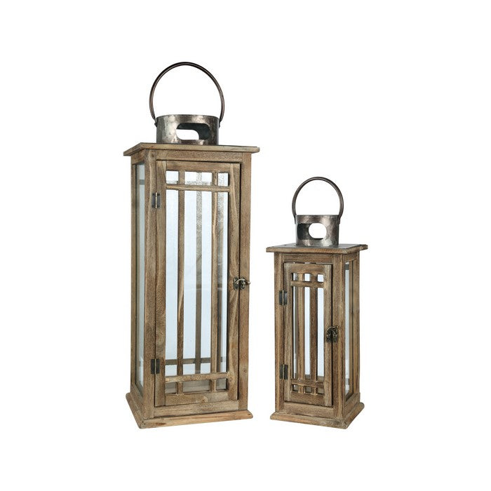 Wood and Glass Lantern with Grid Pattern and Metal Ring, Brown, Set of 2
