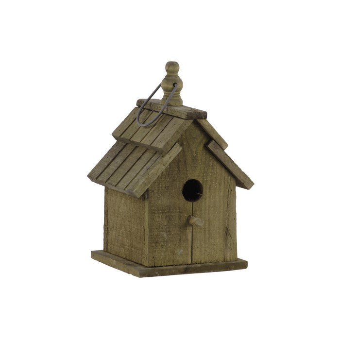 Wooden Bird House with Double Gable Roof Design and Metal Handle, Brown