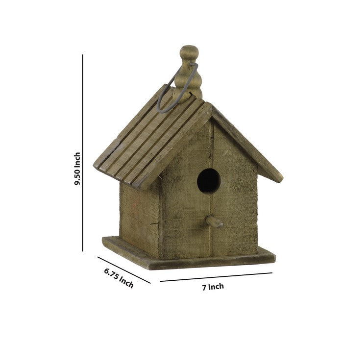 Wooden Bird House with Gable Roof Design and Metal Handle, Brown
