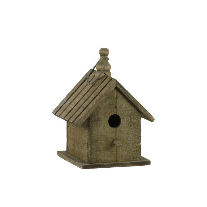 Wooden Bird House with Gable Roof Design and Metal Handle, Brown