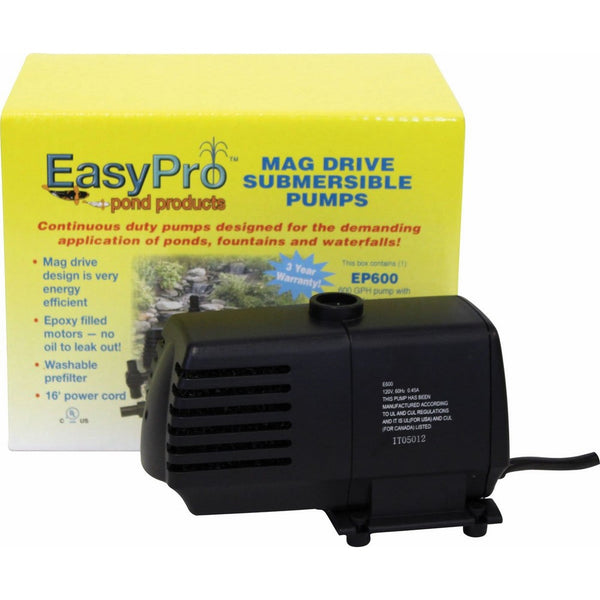 EasyPro EP600 Submersible Mag Drive Pond Pump, Max Flow 600 Gallons-Per-Hour