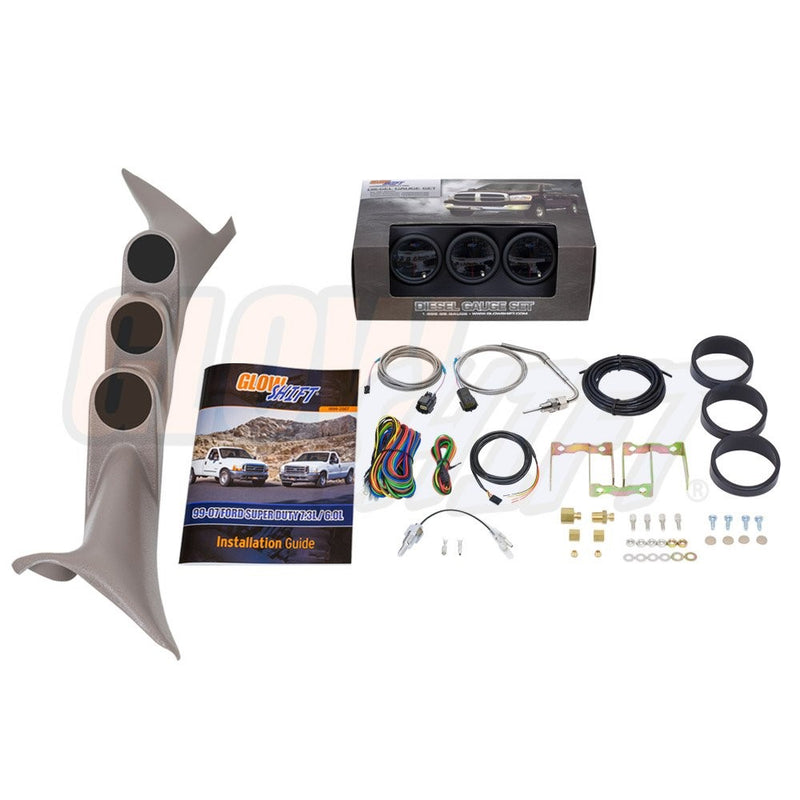 GlowShift 1999-2007 Tan Ford Superduty Package w/Tinted 7 Color 60 PSI Boost, 2400 EGT & Trans Temp Gauges