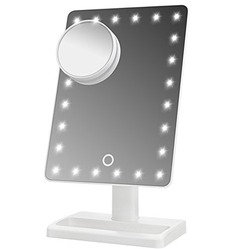 WanEway Large Lighted Makeup Vanity Dressing Table Mirror with 24 LED Light, Illuminated Tabletops Cosmetic Mirror, with 10x Magnification Detail Mirror and Dimmer Switch, Battery Operated, White