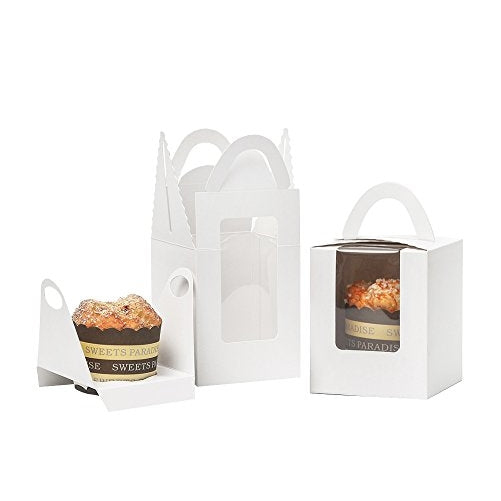 YoTruth 50 Pcs White Single Individual Cupcakes Containers Gift Boxes with Window Inserts Handle for Wedding Favors