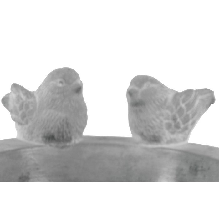 Cement Round Bird Bath with 2 Figurine and Engraved Floral Motif, Gray