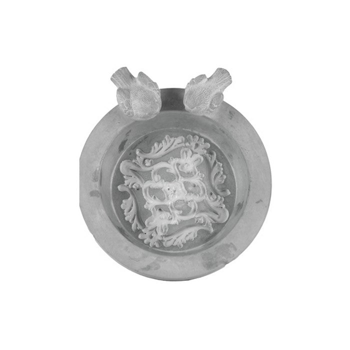 Cement Round Bird Bath with 2 Figurine and Engraved Floral Motif, Gray