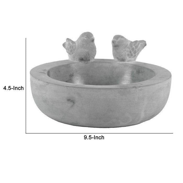 Cement Round Bird Bath with 2 Figurine and Engraved Floral Motif, Gray