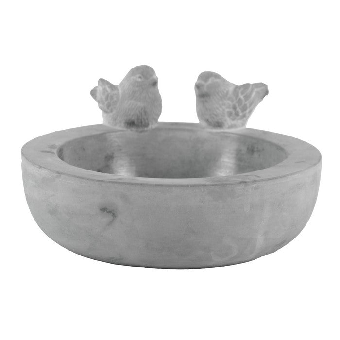 Cement Round Bird Bath with 2 Figurine and Engraved Floral Motif, Gray