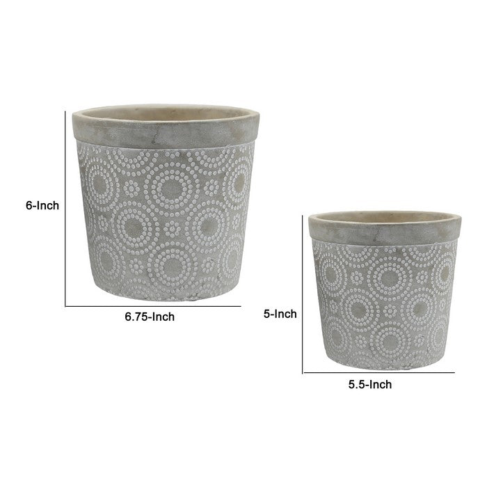 Cement Round Pot with Circle Pattern and Tapered Bottom Base,Set of 2,Gray