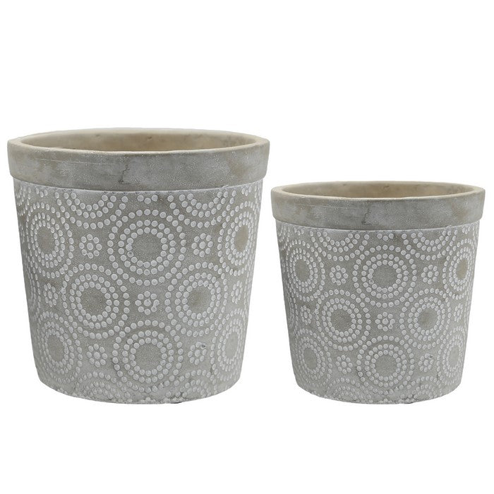 Cement Round Pot with Circle Pattern and Tapered Bottom Base,Set of 2,Gray