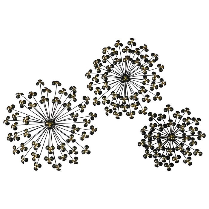 Metal Wall Decor with Radial Clover Leaf Design Pattern, Set of 3, Black