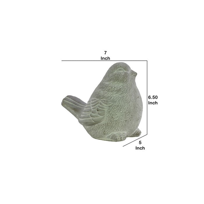 Cement Sitting Bird Figurine with Fur Like Texture, Concrete Gray