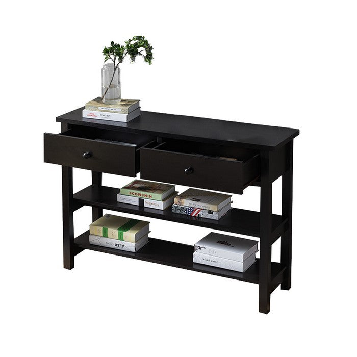 Two Drawer Console Table with Two Open Shelves and Block Legs, Dark Brown