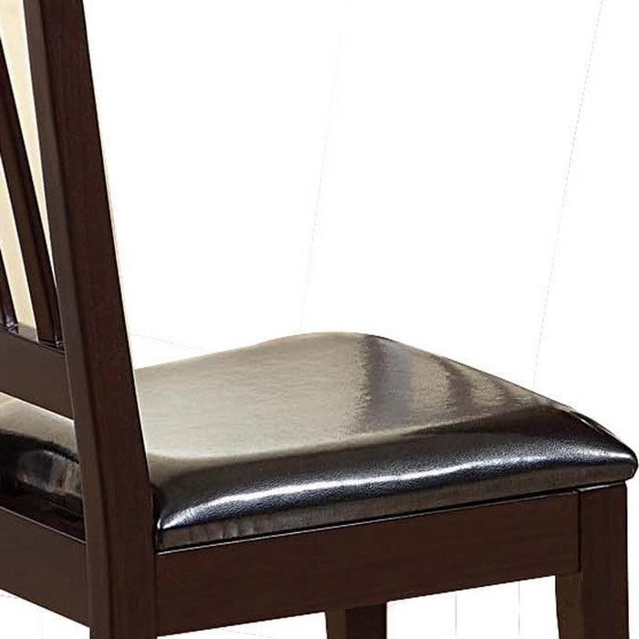 Wooden Dining Chair with Faux Leather Seat and Slated Back, Set of 2, Brown