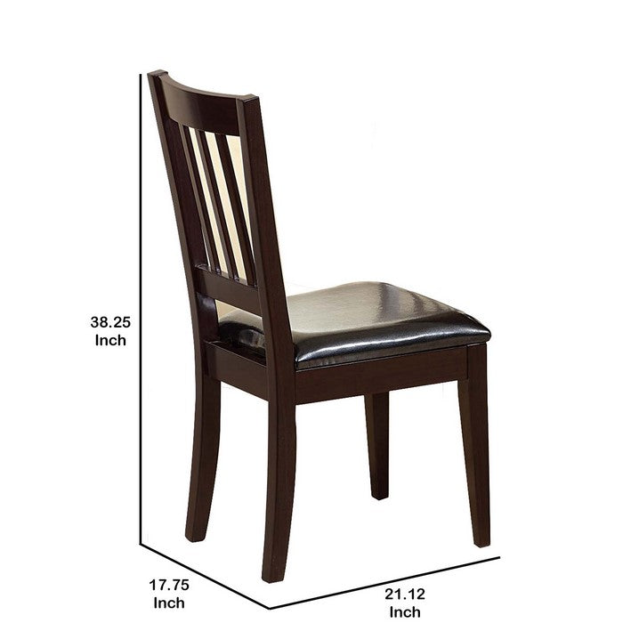 Wooden Dining Chair with Faux Leather Seat and Slated Back, Set of 2, Brown