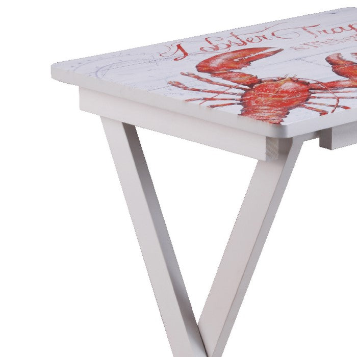 Traditional Style Wooden Folding Table with Lobster Print, White