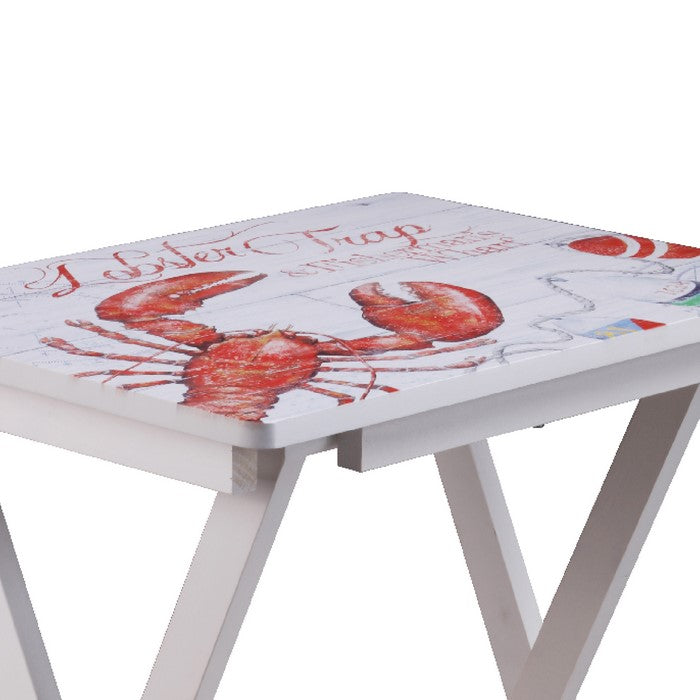 Traditional Style Wooden Folding Table with Lobster Print, White