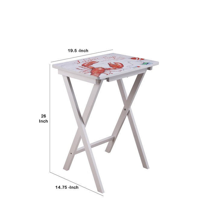 Traditional Style Wooden Folding Table with Lobster Print, White