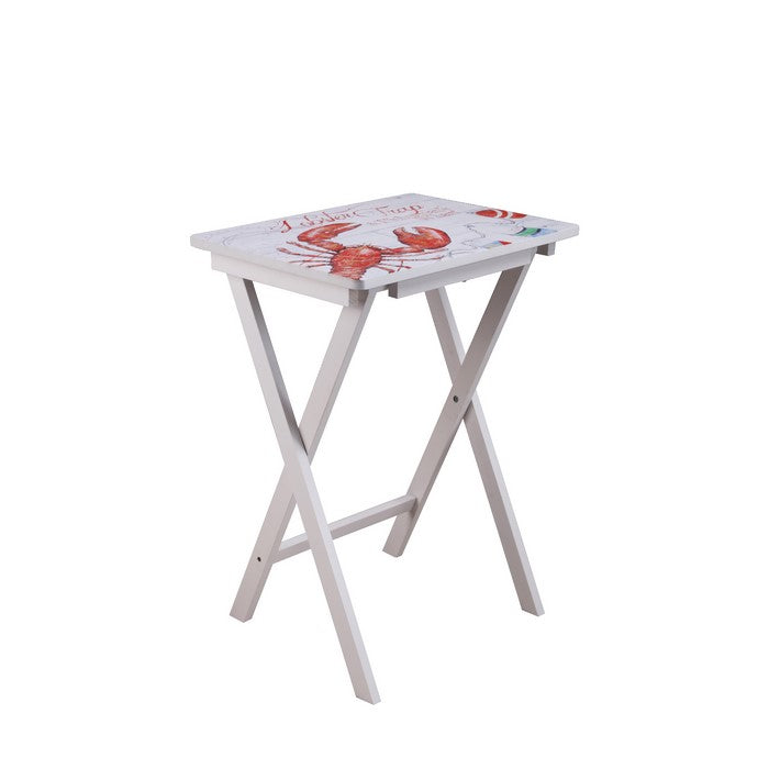 Traditional Style Wooden Folding Table with Lobster Print, White