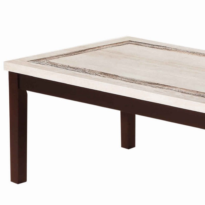 Wooden Coffee Table with Block Legs and Faux Marble Top, Brown and Beige