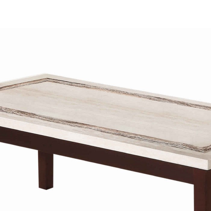 Wooden Coffee Table with Block Legs and Faux Marble Top, Brown and Beige
