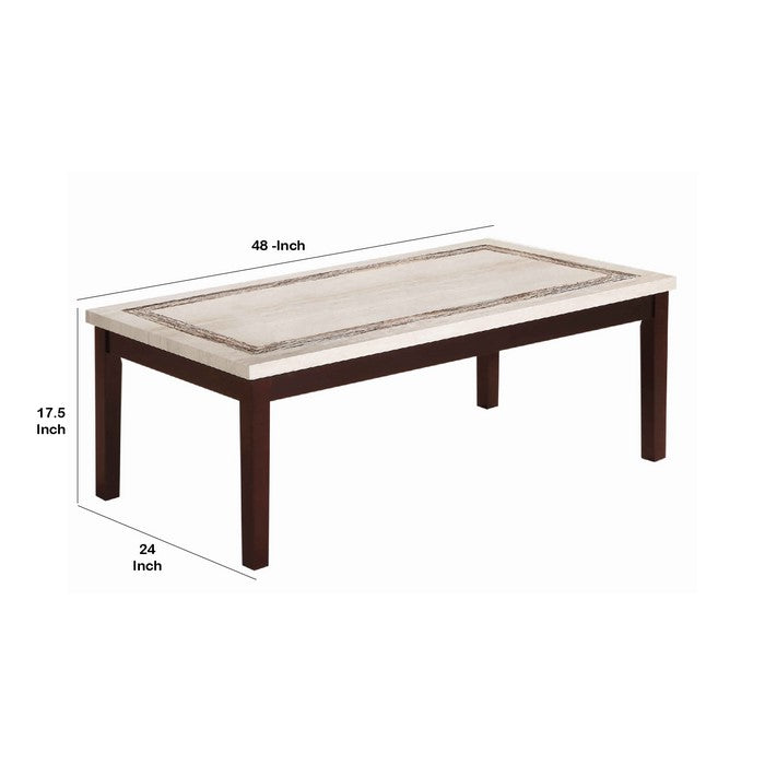 Wooden Coffee Table with Block Legs and Faux Marble Top, Brown and Beige