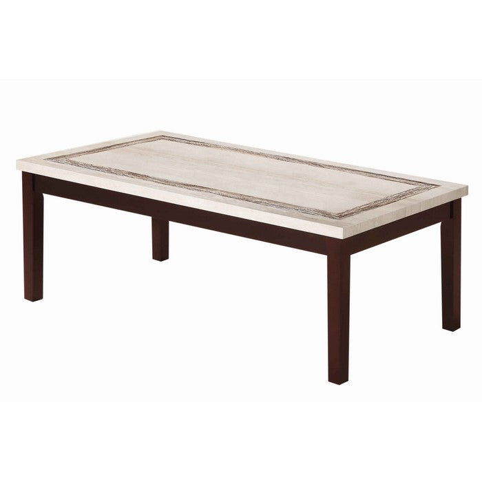 Wooden Coffee Table with Block Legs and Faux Marble Top, Brown and Beige