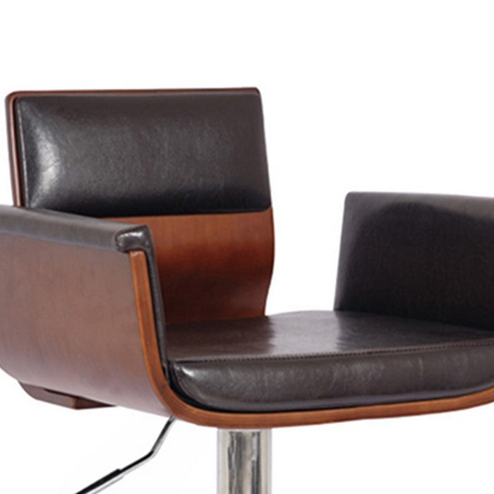 33 Inches Swivel Barstool with Cushioned Seat and Arms, Brown and Chrome