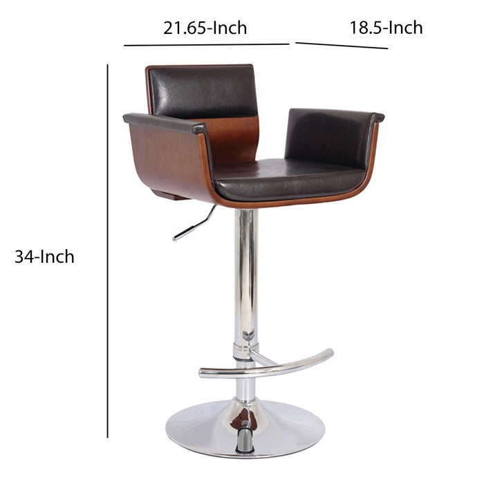 33 Inches Swivel Barstool with Cushioned Seat and Arms, Brown and Chrome