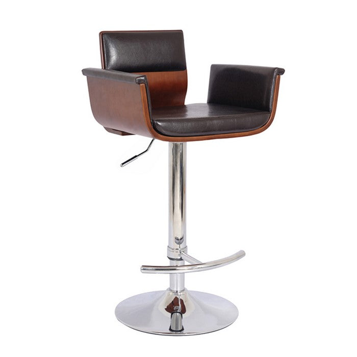 33 Inches Swivel Barstool with Cushioned Seat and Arms, Brown and Chrome