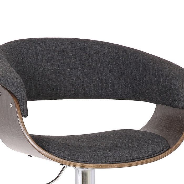 Fabric Upholstered Swivel Barstool with Contoured Seat, Gray and Silver