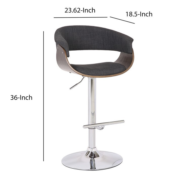 Fabric Upholstered Swivel Barstool with Contoured Seat, Gray and Silver