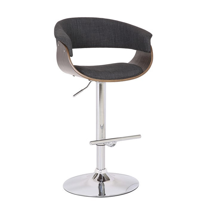 Fabric Upholstered Swivel Barstool with Contoured Seat, Gray and Silver