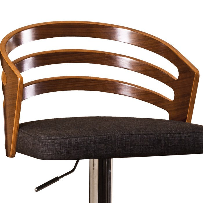 Modern Swivel Adjustable Barstool with Slatted Back, Brown and Chrome
