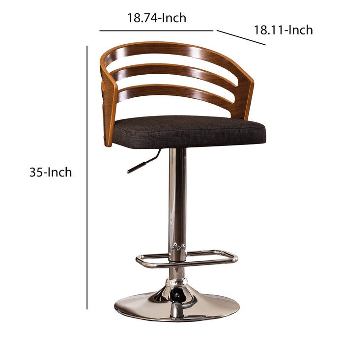 Modern Swivel Adjustable Barstool with Slatted Back, Brown and Chrome