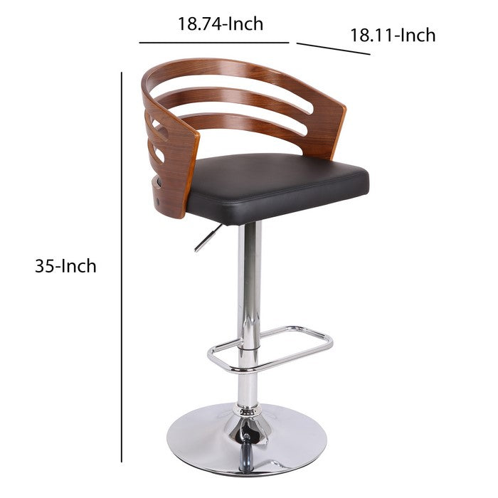 Modern Swivel Leatherette Barstool with Slatted Back, Brown and Black